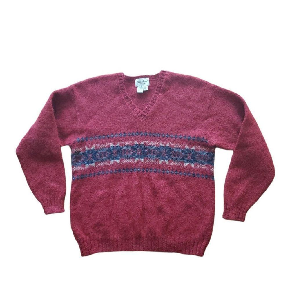 Vintage Eddie Bauer Wool Blend Knit Sweater V Neck Ribbed Red Men's Size L
